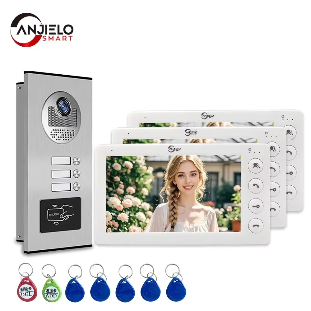 ANJIELO SMART 2/3/4 Unit Multi Apartments Intercom Video Doorbell with RFID Card Unlock 7inch 4Wired Video Door Phone System