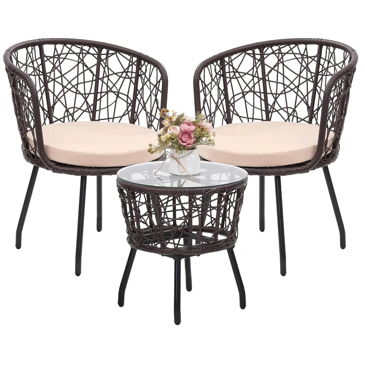 4 Piece Patio Bistro Outdoor Furniture Set, Wicker Sofa, 2 Rattan Chairs, and Table, Backyard Conversation Set, All, Customized
