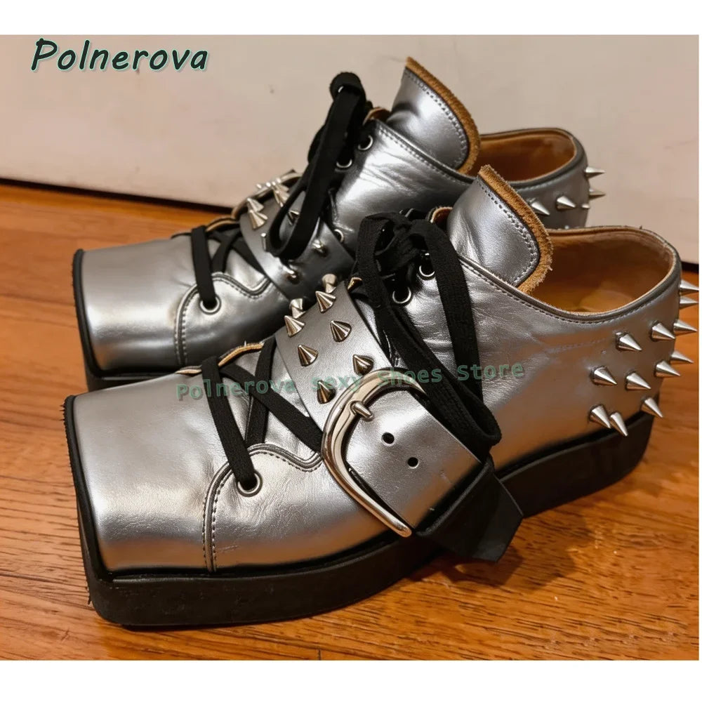Black Rivet Belt Buckle Pumps 2026 Spring Summer New Arrivals Square Toe Thick Sole Lace Up Couple Pu Leather Shoes Casual Trend