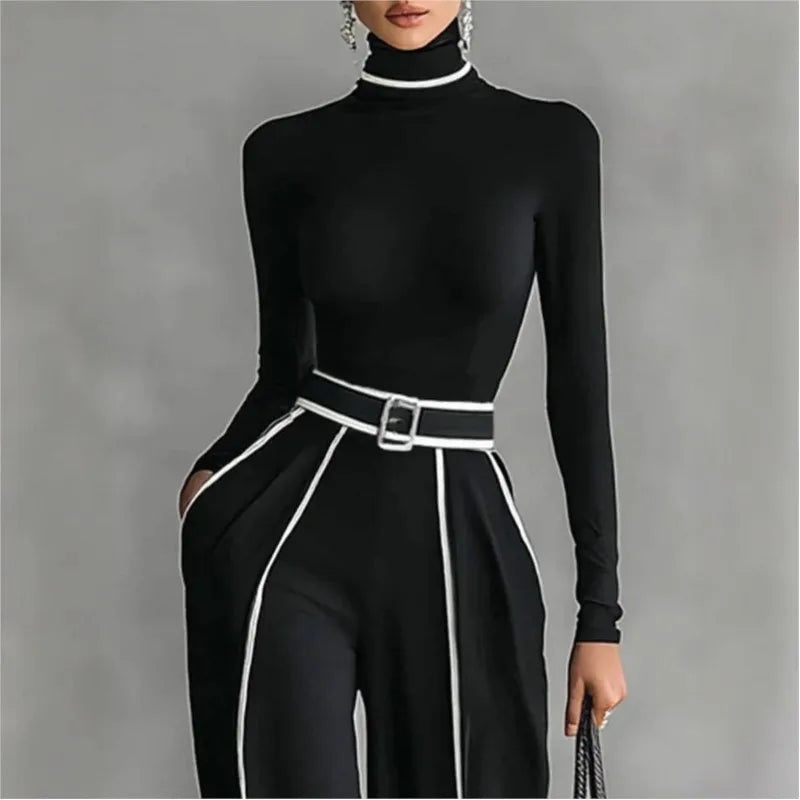 Women Long Sleeve Knit Pullover Two-Piece Set Elegant High Neck Slim Top+Wide leg Pants Spring Autumn new Outfit Suit