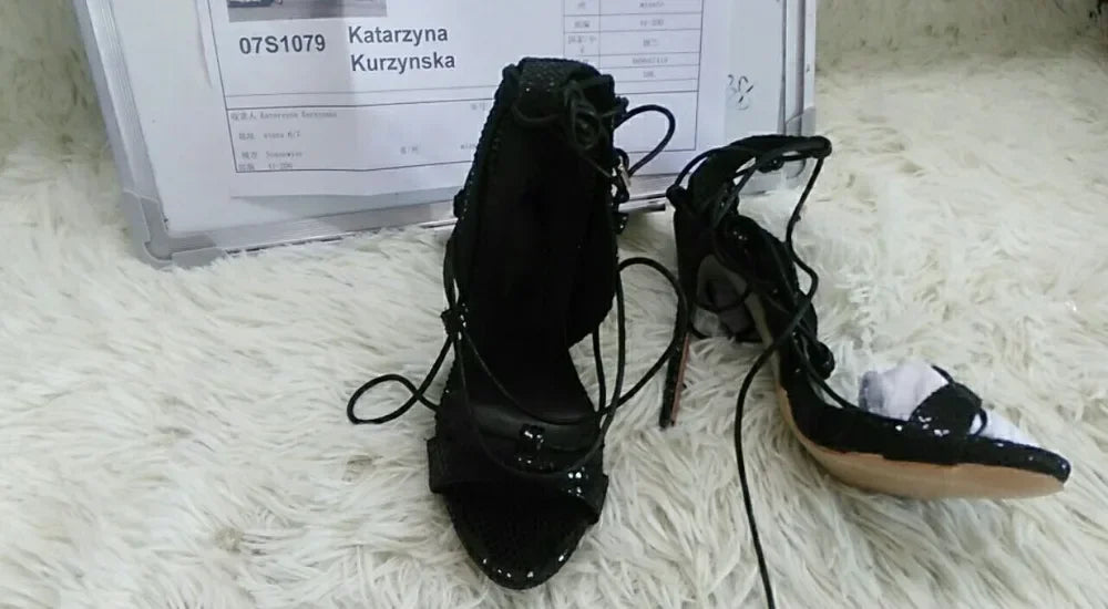 Ladies Sexy Black Gold Snakeskin Stiletto Heels Gladiator Sandals Lace-up Strappy Covered Heels Dress Pumps Python Printed Shoes