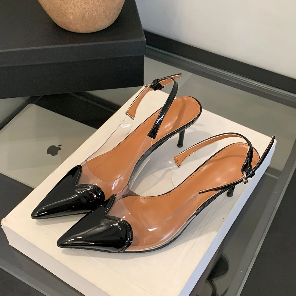 Heart Shaped Women Pumps Elegant Pointed toe Transparent PVC Slingbacks Stiletto High heels Party Shoes