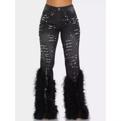 Women's Jeans Tassel Holes Vintage Feather High Waist Y2K Streetwear Casual Denim Pant Autumn Slim Beading Hollow Out Trousers