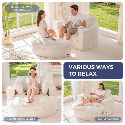 Oversized Round Chaise Lounge Sofa, Boneless Chair with Ottoman | Beige Upholstered Reading Chair Has a Deep Seat and 3, Custom