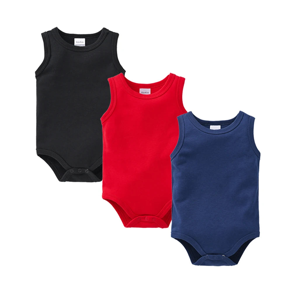 Kavkas 3 Pcs Summer Unisex Baby Vest Bodysuit 100% Cotton Sleeveless Newborn Solid Clothes 0-24 Months Clothing