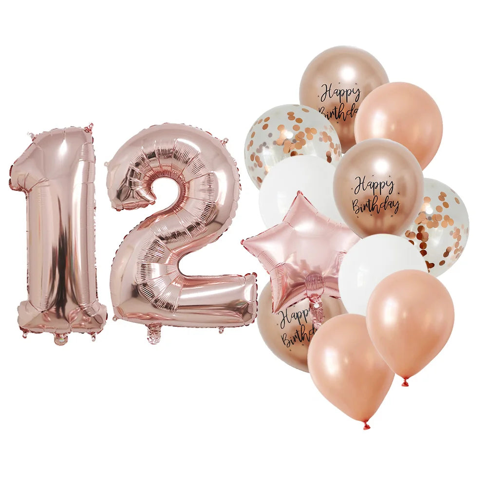 13 Pcs Rose Gold Mixed Balloons 32 Inch Foil Number Ball 10 11 12 13 14 15 Years Old Girls Birthday Party Decorations Supplies