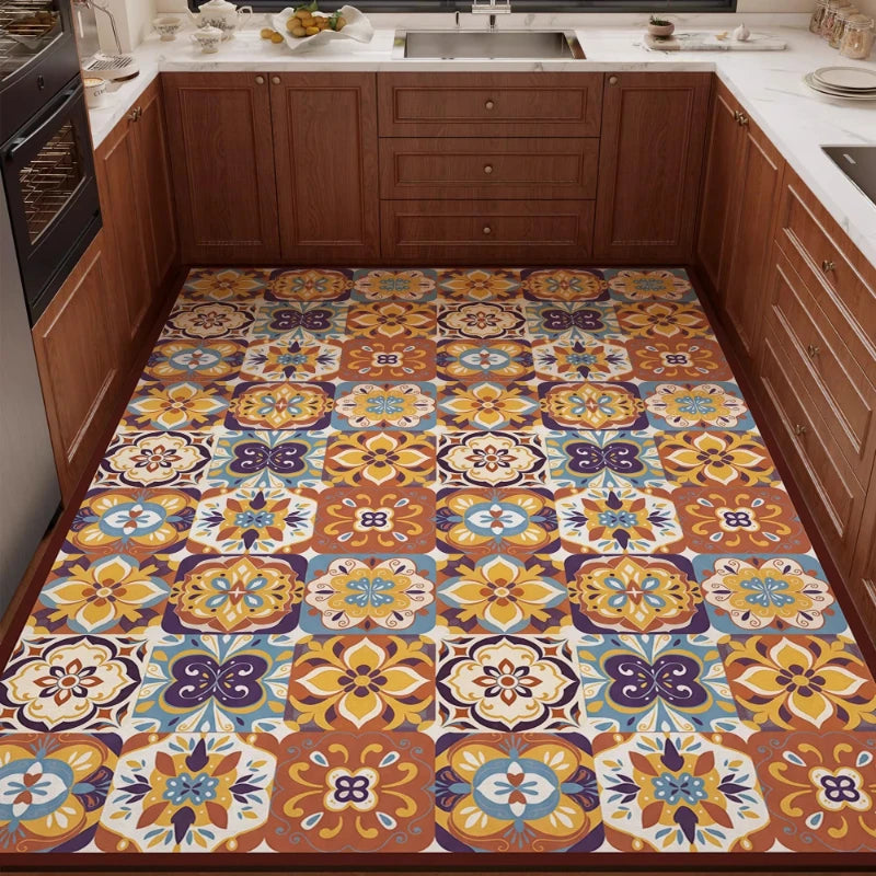 PVC Kitchen Carpet Waterproof Non-Slip Oil-proof Leather Floor Mat Large Size Rug Retro American-Style Home Decor Rugs Alfombra