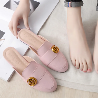 Lady Gold Metal Slides Round Toe Microfiber Soft Bottom For Tender Feet Wide Fits Beige Pink Fashionable Shoes For Summer 44-33