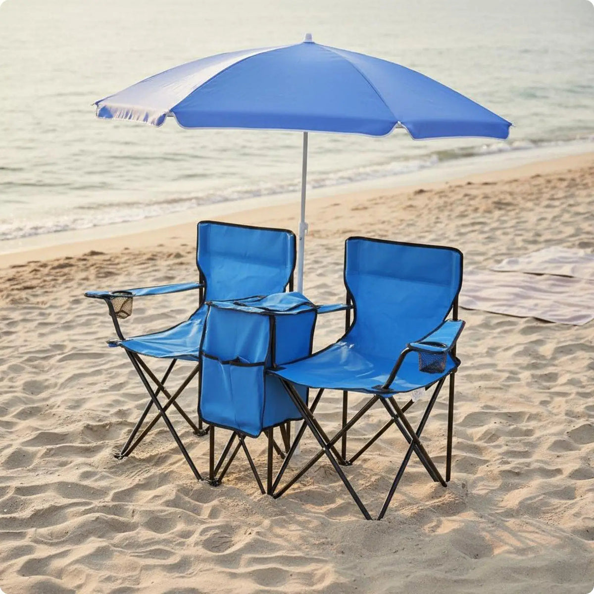 Portable Double Leisure Chair with Umbrella Folding Outdoor Loveseat for Camping Garden Patio Fishing