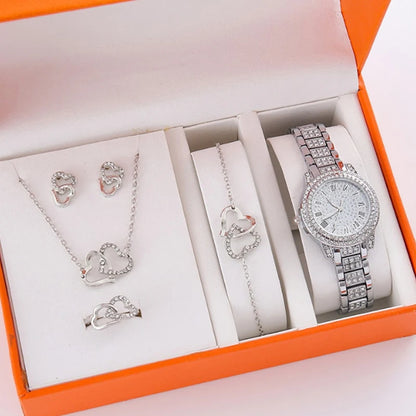 6Pcs/Set Women's Rhinestone Quartz Watch Set Fashion Wrist Watch & Jewelry Set Gift.▪