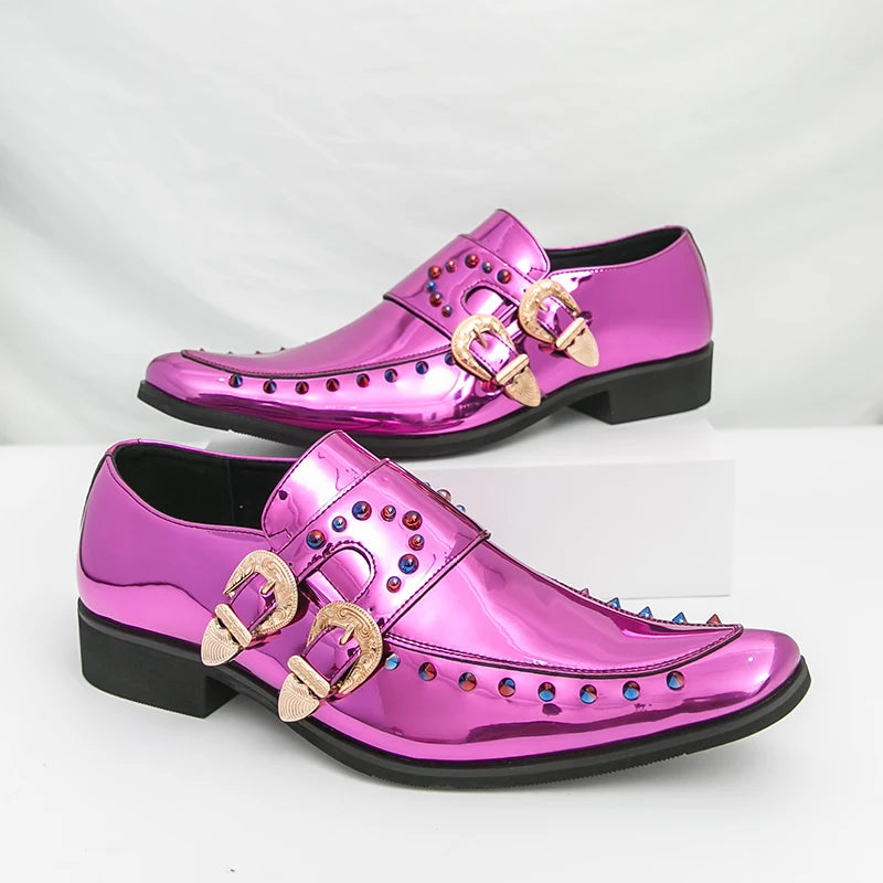 2026 New Gold Men Dress Shoes Rivet Breathable Square Toe Double Buckle Party Fashion Handmade Free Shipping Chelsea Men Loafers