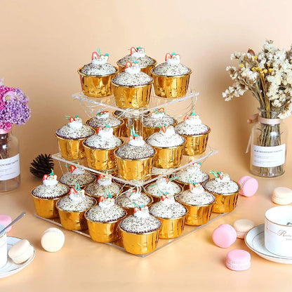 3 Tier Clear Square Cupcake Stand Premium Acrylic Cake Tower Display Holder With LED Light String For Wedding Birthday Party