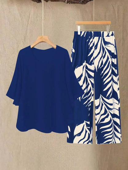 Lady Colorful O Neck Loose Suit Casual Chiffon Set Three Quarter Sleeve Top Wide Leg Pants Women Outfit Comfortable 2 Piece Sets