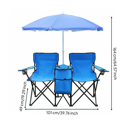 Portable Double Leisure Chair with Umbrella Folding Outdoor Loveseat for Camping Garden Patio Fishing