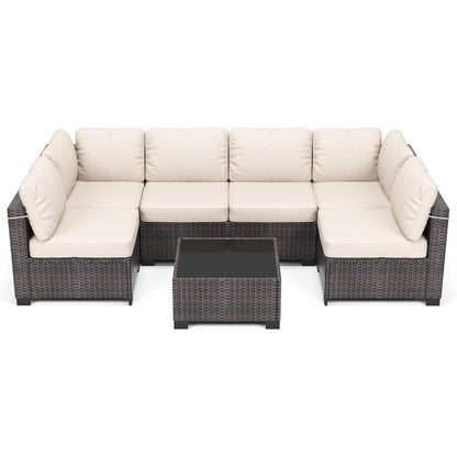 7-Piece Modular Outdoor Furniture Set, PE Rattan Wicker Sectional Modular Conversation Sofa Set, Perfect For Garden Balcony