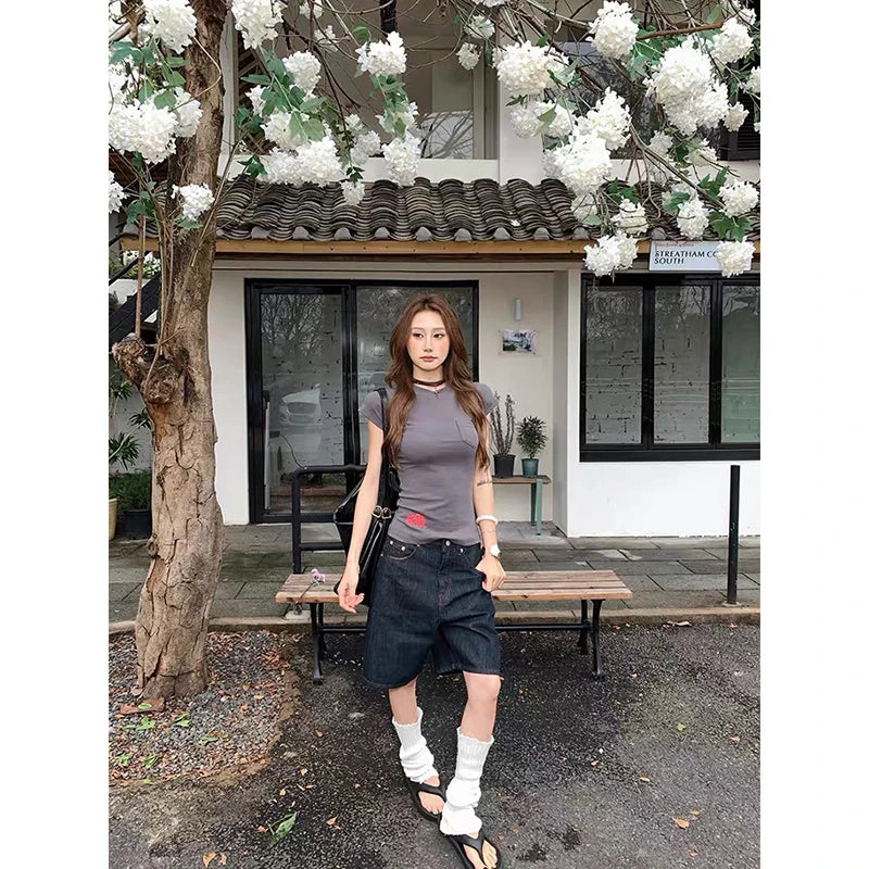 YIBASHU Summer Women American Retro Jorts Punk Jean Shorts Black Y2K 2000s Harajuku Denim Calf-Length Pant Japanese High Street