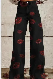 Women's 3D Printed Flare Jeans-Polyester Wide Leg Pants with Distressed Vintage Look, High Waist Comfort Fit for Street Fashion