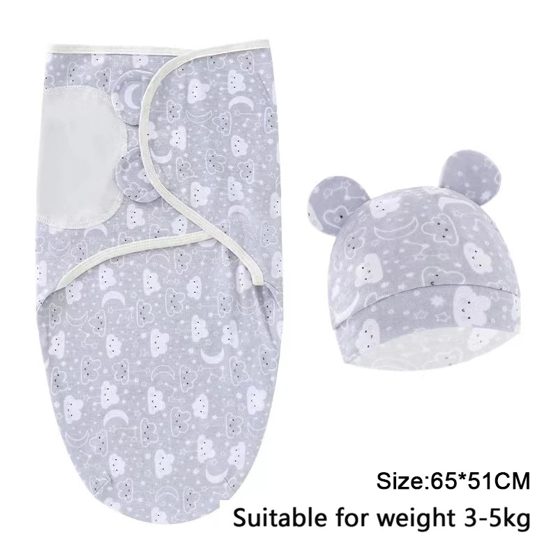 Baby Blanket Hat Set Cartoon Printed Cotton Newborn Swaddle Adjustable
