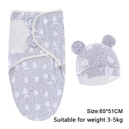 Baby Blanket Hat Set Cartoon Printed Cotton Newborn Swaddle Adjustable