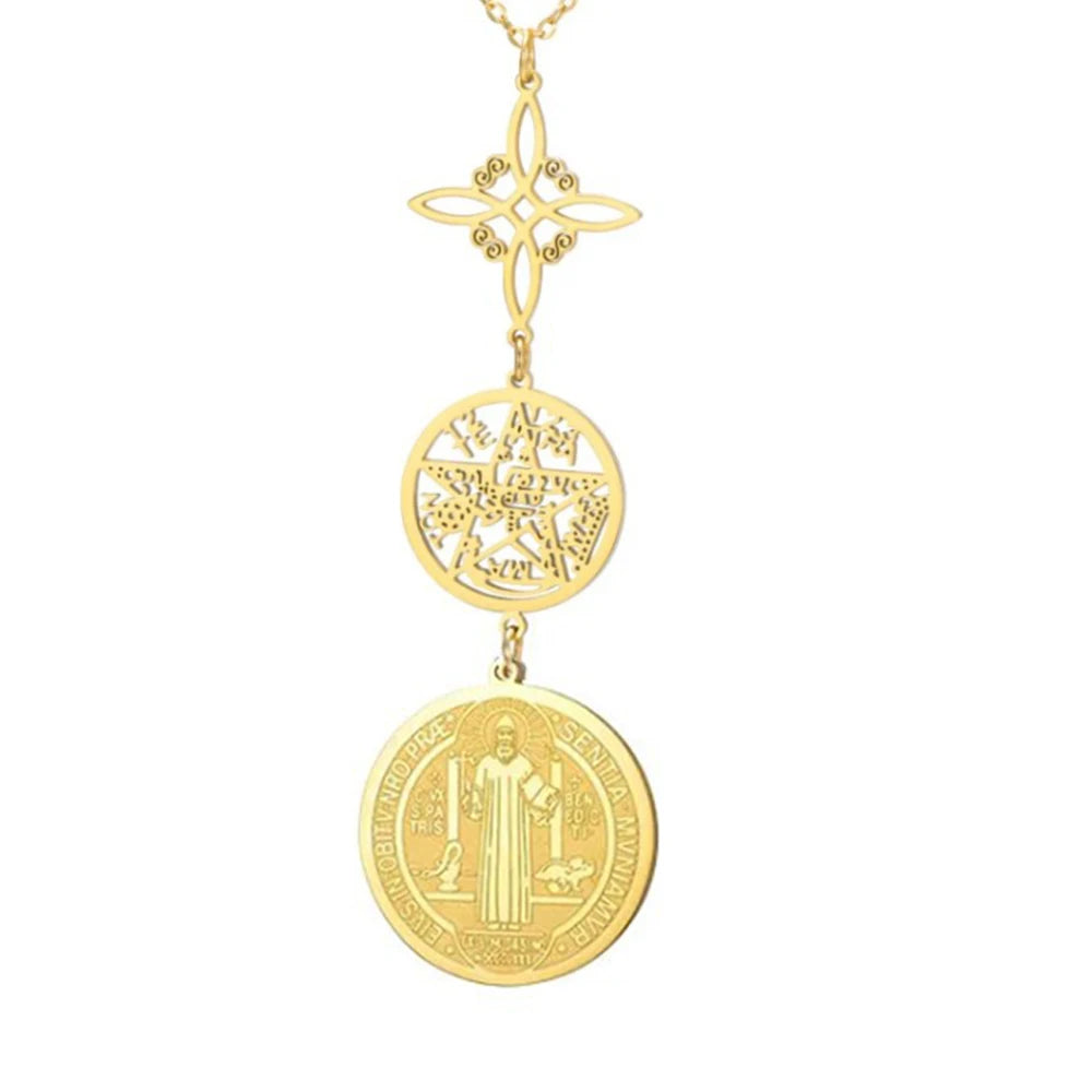 Triple Protection Necklace With Witch Knot Pentagram Tetragrammaton St. Benedict Stainless Steel Spiritual Symbol Amulet Jewerly