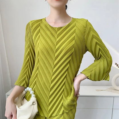 2026 Spring New Women Handmade Pleated Pants Set Comfortable Casual Seven Sleeve T-Shirt Top Loose Wide Leg Pants 2 Piece Set