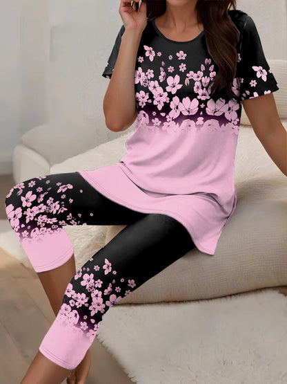 Plus Size 2 Piece Ombre Gradient Floral Loungewear Set Round Neck Short Sleeve Long Tunic Top High Waist Floral Panel Capri Legg