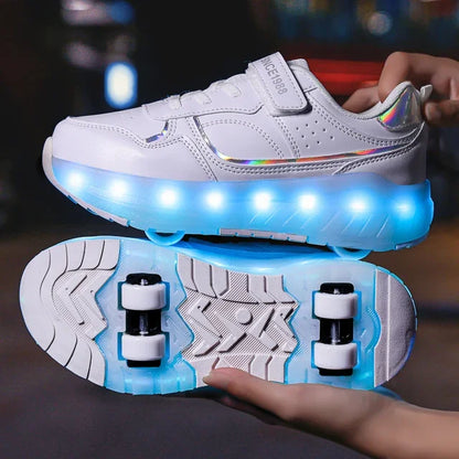 Children LED Light Sneakers 4 Wheels Luminous Shoes with Wheels Lights Rechargeable Girls Boys Women Kids Roller Skates Shoes