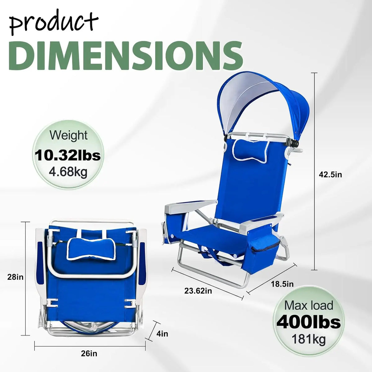 Extra Wide Beach Chair with Canopy Shade, 2 Pack Aluminum Folding Chairs with Detachable & Adjustable Umbrella, 5-Position Lay Flat, Cooler Bag, Cup & Phone Holder, Towel Bar, Royal Blue