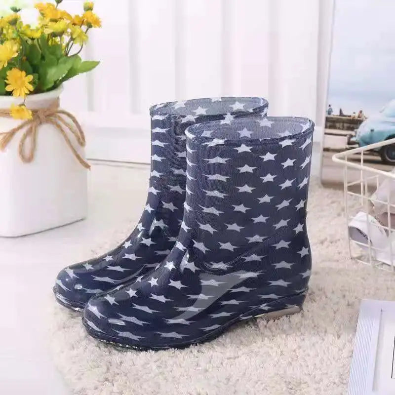 Print Rain Boots Women Waterproof Work Shoes for Girls Non Slip Anti Skip PVC Water Shoes Rainboots Mid-Calf Botas
