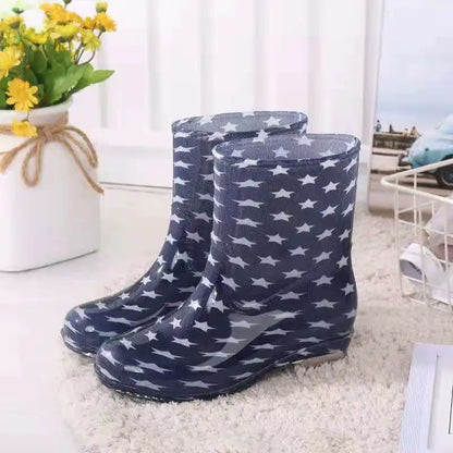 Print Rain Boots Women Waterproof Work Shoes for Girls Non Slip Anti Skip PVC Water Shoes Rainboots Mid-Calf Botas
