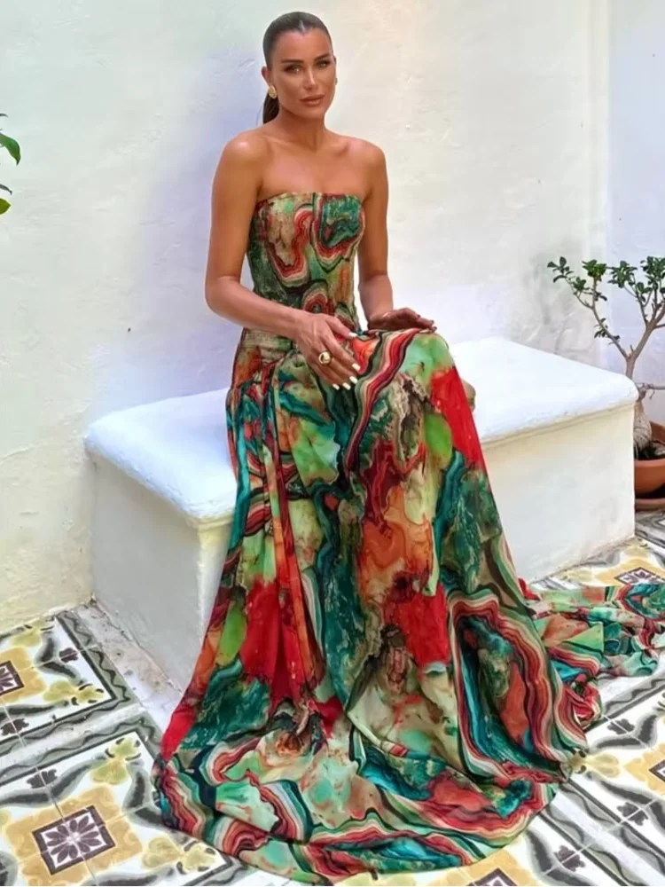 New Pleated Waist Strapless Dress Women's Printed Colorful Long Gown Elegant Fashionable Summer Dress