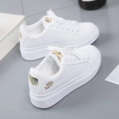 Women Leather Pu Casual Shoes New 2025 Woman Shoes Fashion Embroidered White Sneakers Breathable Flower Lace-Up Women Sneakers