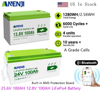 ANENJI 25.6V 100AH LiFePo4 Battery 24V 12V 100AH 1.256KWH 2.56KWH Grade A Cells Lithium Iron Phosphate Battery BMS 6000+ Cycle for Golf Cart