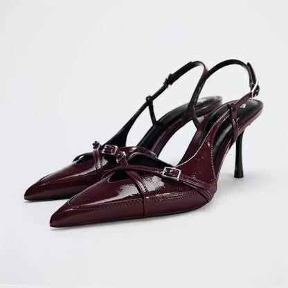 Sexy wine-red high-heeled shoes. Summer fashion pointed-toe elegant cross-strap stiletto sandals. Big size women's shoes