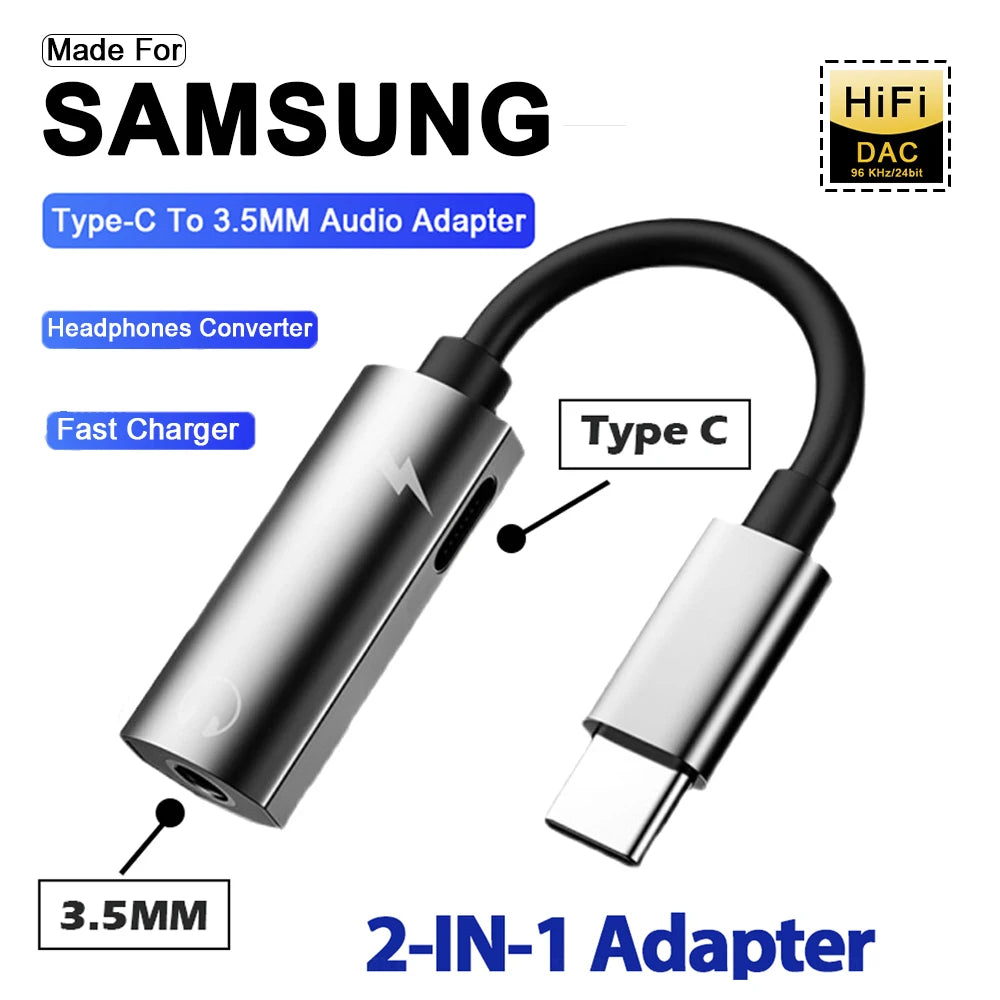 2 in 1 Type C To 3.5MM Headphones Jack Audio Adapter For Samsung Galaxy S24 S23 S22 Ultra A54 A34 A53 Note 20 10 USB C Charger