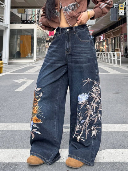 American Street Fashion Tiger And Flower Embroidery Style Pants, Dark Color, Versatile, Loose-Fitting Jeans, Street Outfit