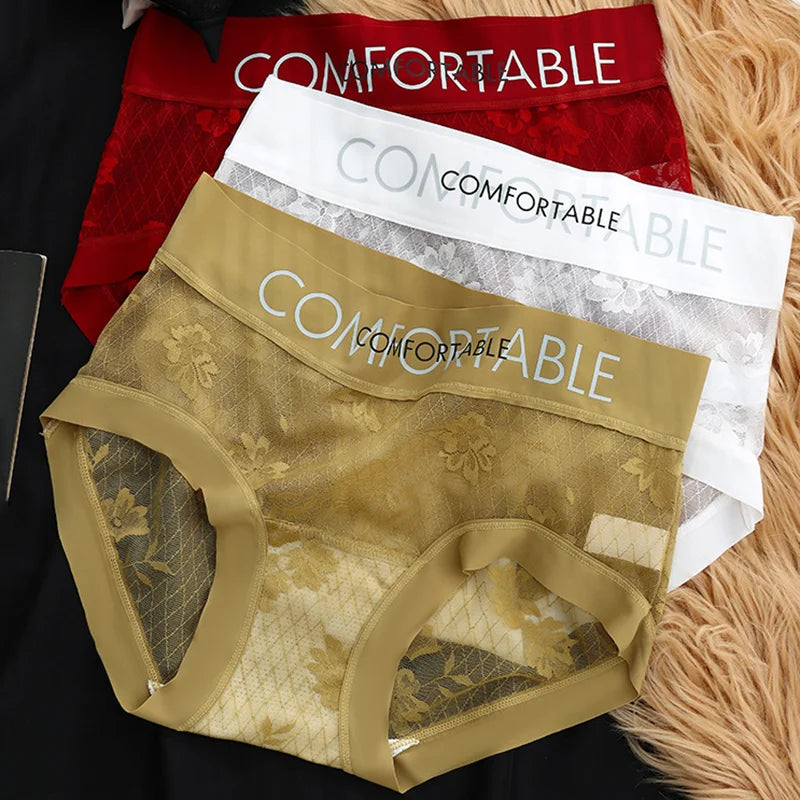 4PCS Women Seamless Panties Transparent Briefs Plus Size Lace Antibacterial Panties