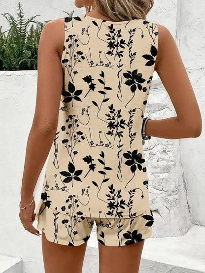 Women's Spring/Summer Fashion Two-Piece Set - Floral Print Sleeveless T-Shirt + Floral Print Shorts Set
