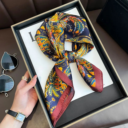 Luxury Design Print Silk Square Scarf Women Soft Satin Horse Hairband Neckerchief Office Hijab Headband Foulard Bag Ribbons Gift