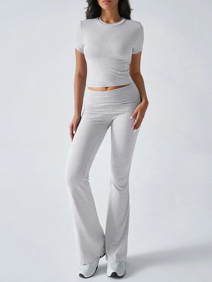 Women's Sexy Tops Suits 2026 Summer Latest Casual Solid Color Yoga Suit Slim Fit Sports Short Sleeved Pants Two-Piece Set Outfit