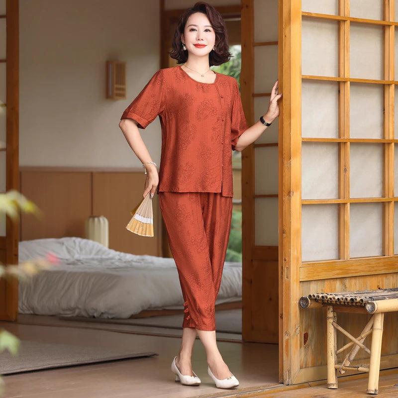 Fake Button T-shirt+pants Summer Embossed Knit Set Women's Fashion Casual Set Short Sleeved Classic Tops 2024 Plus Size Women