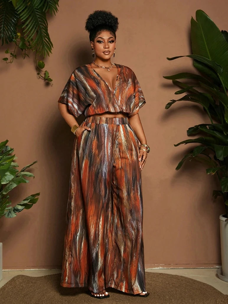 plus Size Ladies 2-Piece Set Casual Vacation Print Ensemble Short Sleeve Top And Long Pants