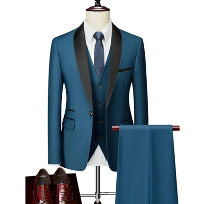 US Size Men Lapel Black Collar 3 Pcs Suit Set Coat Vest Trousers / Business Groom Wedding Dress Fprmal Blazer Pants Waistcoat