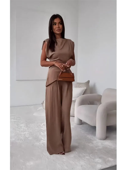 Casual Solid Color Two Piece Set Woman Outfit 2025 Summer Fashion Slim High Waist Tops And Trousers Pant Sets Suit