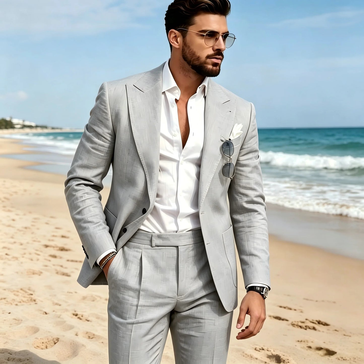 2 Pieces Beige Linen Men Suits Peaked Lapel Slim Fit Blazer Pants High Quality Elegant Summer Wedding Prom Suits Men Clothes