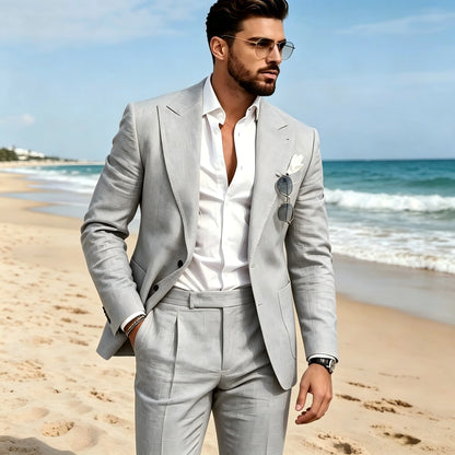 2 Pieces Beige Linen Men Suits Peaked Lapel Slim Fit Blazer Pants High Quality Elegant Summer Wedding Prom Suits Men Clothes