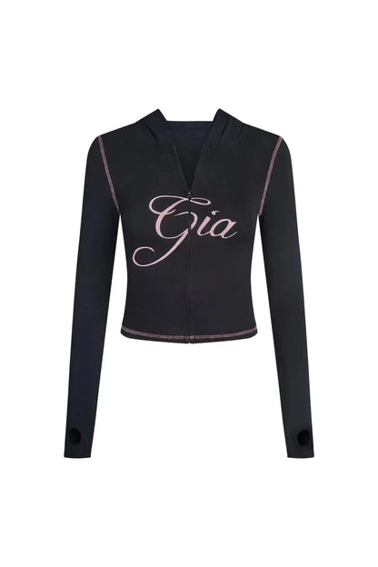 Gia Straight Shoulder Slim Letter Print Slim Hooded Zipper Short Jacket Sports Casual Pants Set