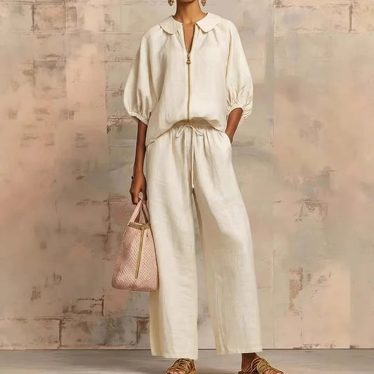 Women's Casual Solid Color Cozy Pant Set Chic Laple Zipper Short Sleeve Shirt Elasticity Waist Pant Suit Women New Two Piece Set