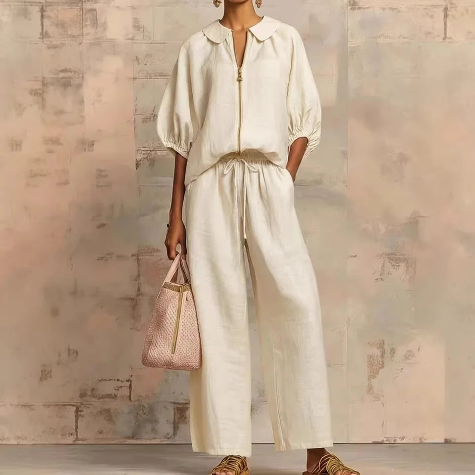 Women's Casual Solid Color Cozy Pant Set Chic Laple Zipper Short Sleeve Shirt Elasticity Waist Pant Suit Women New Two Piece Set
