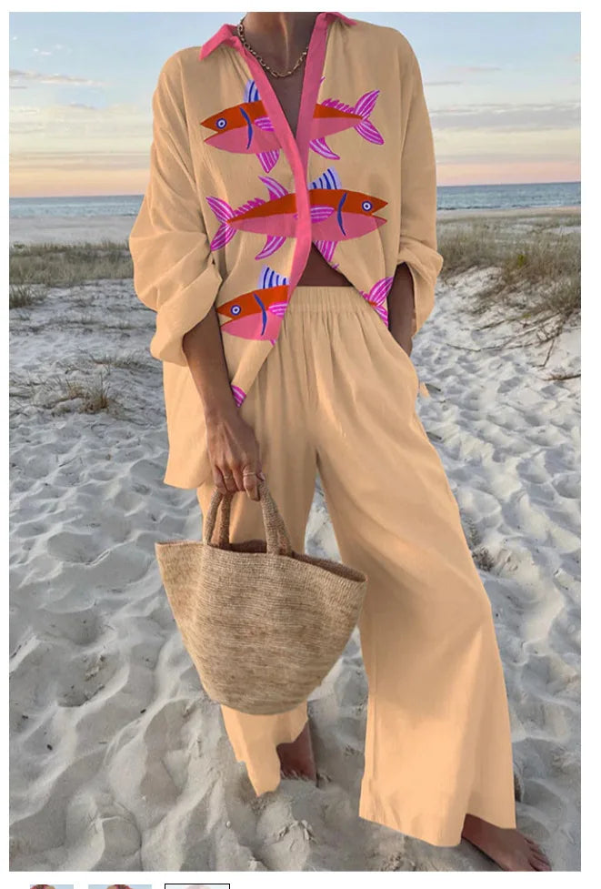 Fashion Print Beach Holiday 2-Piece Set Women Spring Summer Long Sleeve Shirt Top + Wide Legs Women's Oversized Two-Piece Outfit